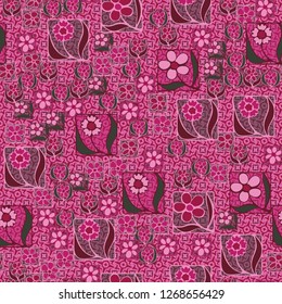 Seamless pattern. Flowers in the squares located chaotically. Background consisting of stripes and strokes of squares and eight-petal symbolic colors.