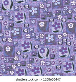 Seamless pattern. Flowers in the squares located chaotically. Background consisting of stripes and strokes of squares and eight-petal symbolic colors.