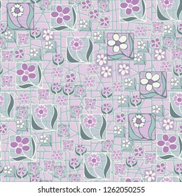 Seamless pattern. Flowers in squares. Multicolored composition located on the background of an abstract lattice.