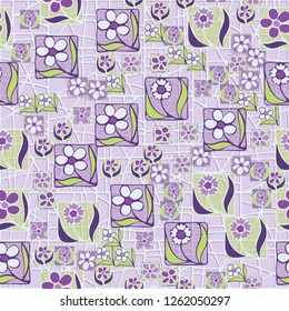 Seamless pattern. Flowers in squares. Multicolored composition located on the background of an abstract lattice.