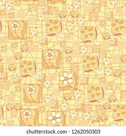 Seamless pattern. Flowers in squares. Multicolored composition located on the background of an abstract lattice.