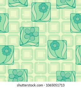 Seamless pattern. Flowers in squares on a checkered background. Fashionable wallpaper. Stylish textiles.