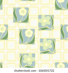 Seamless pattern. Flowers in squares on a checkered background. Fashionable wallpaper. Stylish textiles.