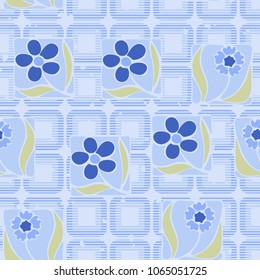 Seamless pattern. Flowers in squares on a checkered background. Fashionable wallpaper. Stylish textiles.