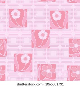 Seamless pattern. Flowers in squares on a checkered background. Fashionable wallpaper. Stylish textiles.