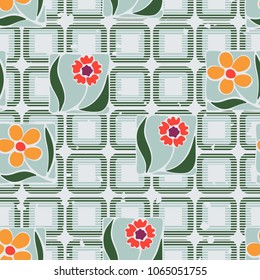 Seamless pattern. Flowers in squares on a checkered background. Fashionable wallpaper. Stylish textiles.