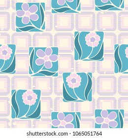 Seamless pattern. Flowers in squares on a checkered background. Fashionable wallpaper. Stylish textiles.