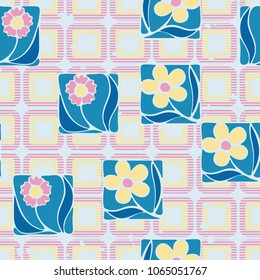 Seamless pattern. Flowers in squares on a checkered background. Fashionable wallpaper. Stylish textiles.