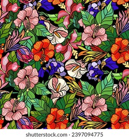 Seamless pattern with flowers in stained glass technique. Vector illustration.
