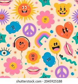 Seamless pattern with flowers, stars, hearts, rainbows. Colorful endless wallpaper, background. Fabric print. Retro cute, funny characters.