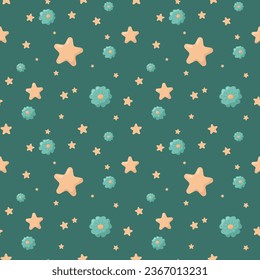 Patrón sin foco con flores y estrellas de fondo verde. Tracería floral interminable de fondo vectorial interminable y decorativa para tela, tela, impresión, contraportada, papel textil o de envoltura