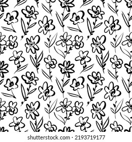 Seamless pattern with flowers stems. Hand drawn vector ornament in sketchy style. Exotic tropical flowers. Hand drawn abstract daisies and chamomiles with linear leaves. Botanical wrapping paper