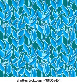 seamless pattern flowers stems and leaves blue