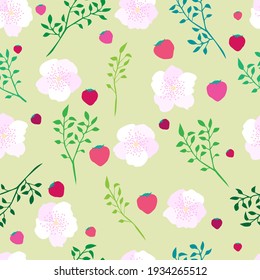 seamless pattern with flowers, strawberries and branches. pink sakura. stock vector illustration.