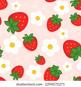 Seamless pattern with flowers and strawberries on a pink background