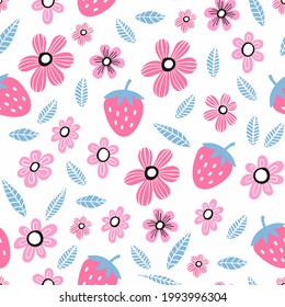Patrón sin foco con flores, fresa y elementos dibujados a mano. Fondo infantil vectorial creativo para tela, textil