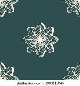 Patrón sin foco de flores de hojas rosadas a rayas sobre un fondo verde. Plantilla para impresión en textiles, tejidos, ropa de cama, papel de embalaje, papel pintado. Ilustración vectorial.