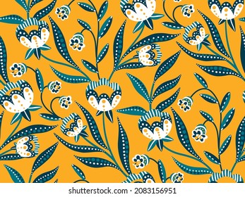 Nahtloses Muster mit Blumen im Stil der traditionellen Volksmalerei. Blumenmuster mit dekorativen Blumen und Blättern. Zusammensetzung aus blau-weißer stylisierten Pflanzen auf gelbem Hintergrund. Vektorgrafik.