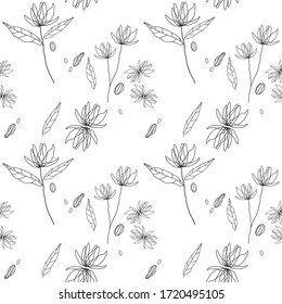 Seamless pattern with flowers. Stylized flowers with leaves on a white background. Wallpaper, print, packaging, paper, textile design. Vector illustration.