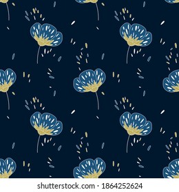 Seamless pattern with flowers. Stylized flowers on a dark background. Wallpaper, print, packaging, paper, textile design. Vector illustration.