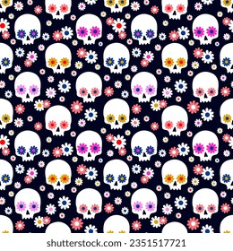Seamless pattern with flowers and sugar skulls. Vector illustration for Halloween and Day of the Dead decoration.