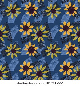 Seamless pattern from flowers of sunflower and leaves. The floral ornament is arranged in a geometric order. Design for textiles, paper, packaging, bedding. Vector illustration.