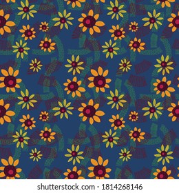 Nahtlose Muster aus Blumen von Sonnenblumen und Blättern. Die Blumenschmuck ist in geometrischer Reihenfolge angeordnet. Design für Textilien, Papier, Verpackung, Betten. Vektorgrafik.