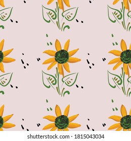 Seamless pattern from flowers of sunflower and leaves. The floral ornament is arranged in a geometric order. Design for textiles, paper, packaging, bedding. Vector illustration.