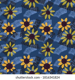 Seamless pattern from flowers of sunflower and leaves. The floral ornament is arranged in a geometric order. Design for textiles, paper, packaging, bedding. Vector illustration.