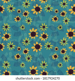 Seamless pattern from flowers of sunflower and leaves. The floral ornament is arranged in a geometric order. Design for textiles, paper, packaging, bedding. Vector illustration.