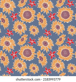 seamless pattern with flowers and sunflower petals with a white stroke on a dark background. idea for wallpaper, textile. vector illustration