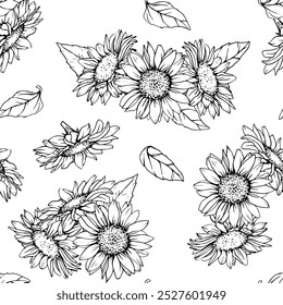 Seamless Pattern with Flowers Sunflowers in line art style. Vector Autumn ornament with chamomile painted by black inks. Hand Drawn engraving Bouquet of daisies for wallpaper. Sketch outline