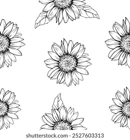 Nahtloses Muster mit Blumen Sonnenblumen im Line Art Stil. Vektor Herbstschmuck mit Kamille von schwarzen Tinten gemalt. Handgezeichnete Gravur Bouquet von Gänseblümchen für Tapete. Skizzenumriss