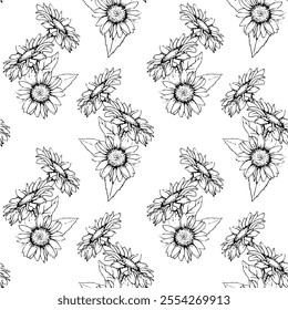 Seamless Pattern with Flowers Sunflowers in line art style. Vector Autumn ornament with chamomile painted by black inks. Hand Drawn engraving Bouquet of daisies for wallpaper. Sketch outline