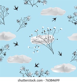 Seamless pattern with flowers and swallows on blue background