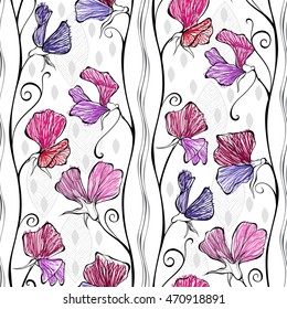 Seamless pattern with flowers of sweet peas.