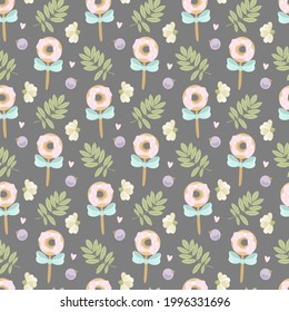 Seamless pattern with flowers, sweets, branches and ballet elements. Vector illustration.