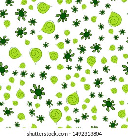 Seamless pattern with flowers and swirl green color. Can be used for printing on packaging, bags, cups, laptop, box, etc. Pattern under the mask. Vector.
