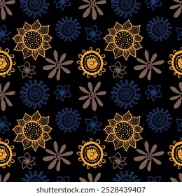 Seamless pattern of flowers and swirls. Playful abstract drawing.