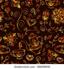 Seamless pattern with flowers and tea service. Vector illustration.