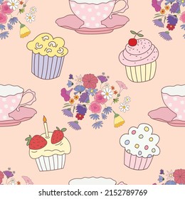 Nahtloses Muster mit Blumen, Teekuchen und Kuchen auf pulverrosa Hintergrund. Vektorgrafik für Gewebe, Umhüllungspapier, Verpackung.