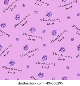 Seamless pattern with flowers and text, low poly illustration, background with roses, perfect floral pattern for cover, card, cartoon, fabric and interior design, flower design, vector illustration