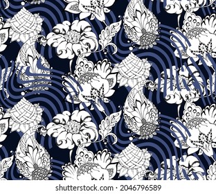 Seamless pattern. Flowers in a traditional oriental style. Black, White and Navi Blue