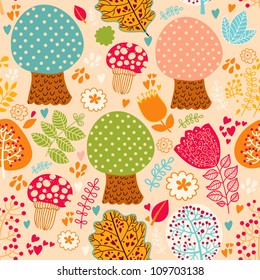 Seamless pattern with flowers and trees
