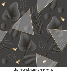 Seamless pattern with flowers and tropical leaves in embossed print style. Dark vector background with gold elements.