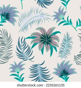 Seamless pattern with  flowers and tropical leaves of palm tree. Botany vector background, jungle wallpaper.