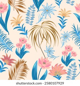 Seamless pattern with flowers and tropical palm leaves, jungle vector  background,  plants, botanical design for fashion, fabric, wallpaper