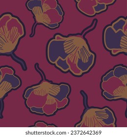 Flores sin foco de flores tropicales con fondo marrón. Fondo del patrón tropical vectorial sin costuras florales. Diseño para tela, impresión, cubierta, banner