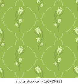 Seamless pattern with flowers (tulip buds). Soft green floral motif for summer and spring. Endless repeating texture for fabrics, textiles, linens, carpets, wrapping paper, tiles. Vector illustration.