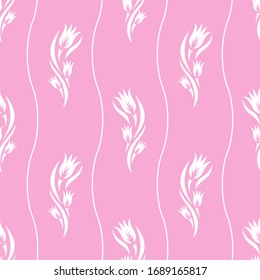 Seamless pattern with flowers (tulip buds) and waves. Soft pink floral motif for summer and spring. Endless repeating texture for fabrics, textiles, linens, carpets, wrapping paper, tiles. Vector.